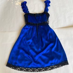 Betsey Johnson blue silk slip dress with black lace detail and ribbon tie